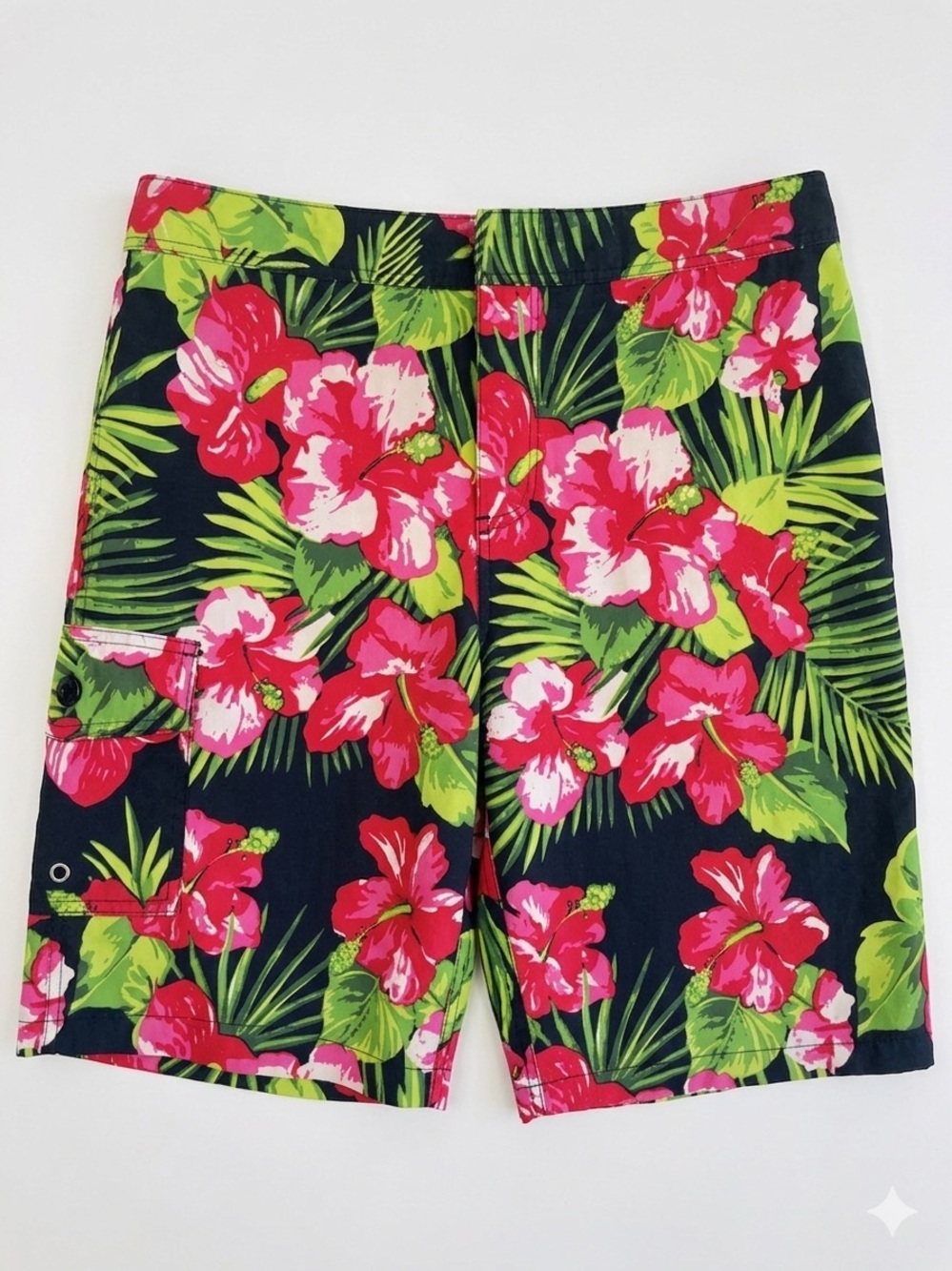 J. Crew Black Board Shorts with Pink Floral & Green Leaves, Size 34 - Picture 2 of 5